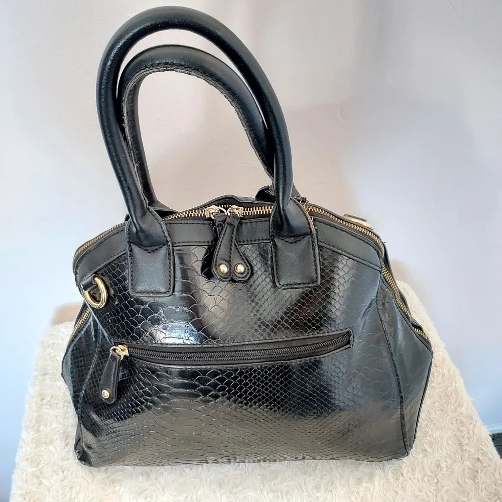 Large Black Tote Purse Bag with faux snake details satin lining - Picture 2 of 16